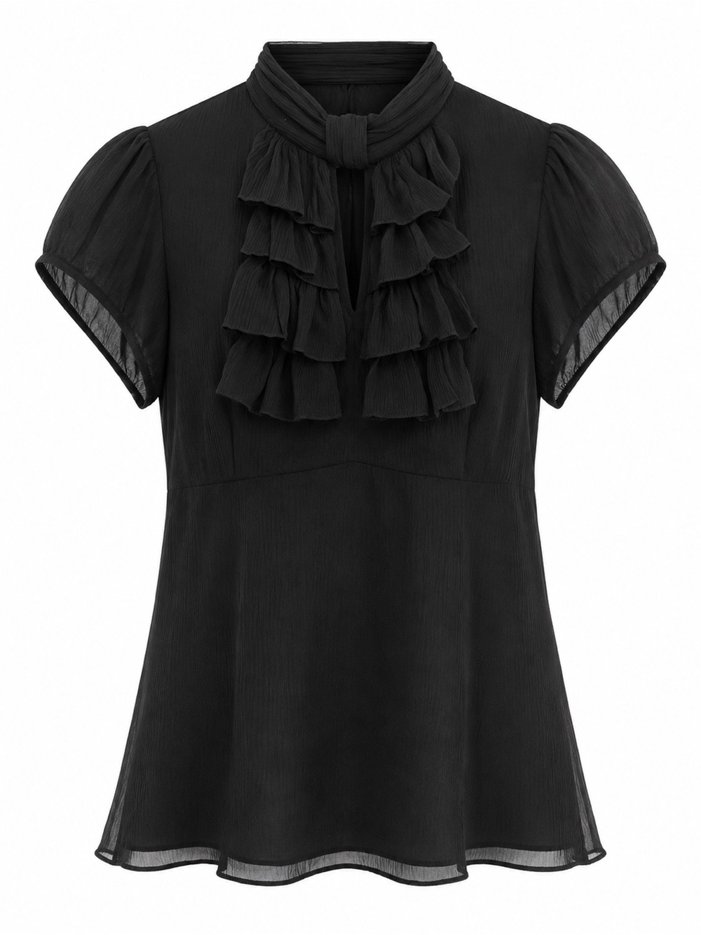 Nanette Lepore Black Silk Ruffle Front Blouse Short Sleeve Size 0 Made In USA